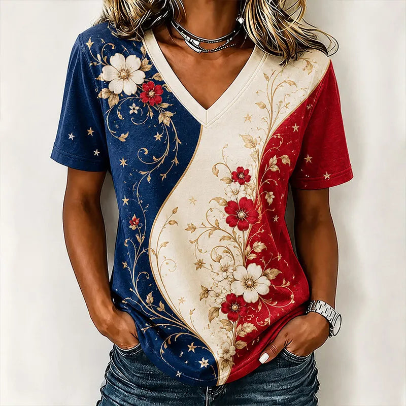 Women's Vintage Patriotic Floral Art Print V-Neck Top