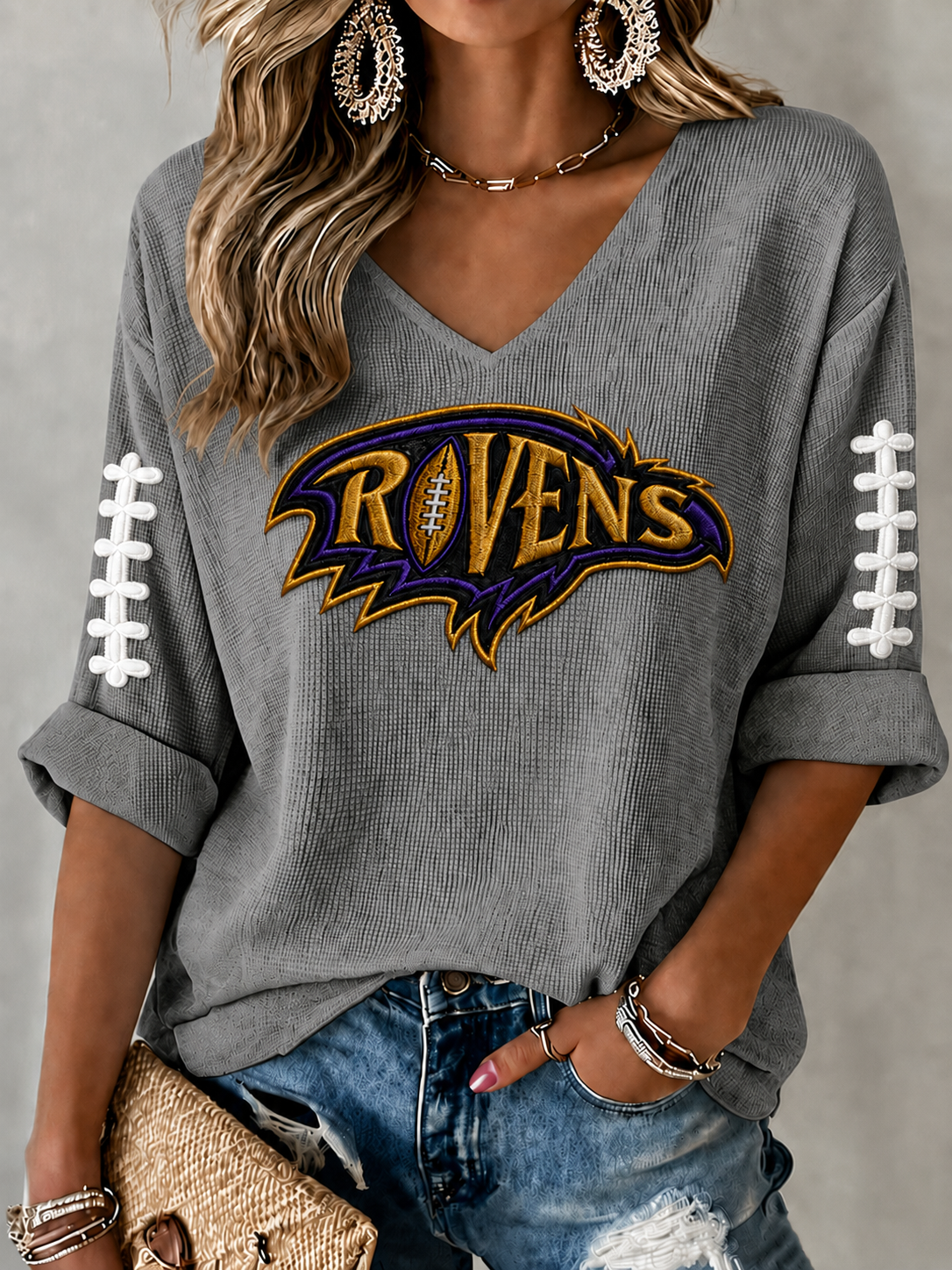 Women'S Football Print Waffle  Top