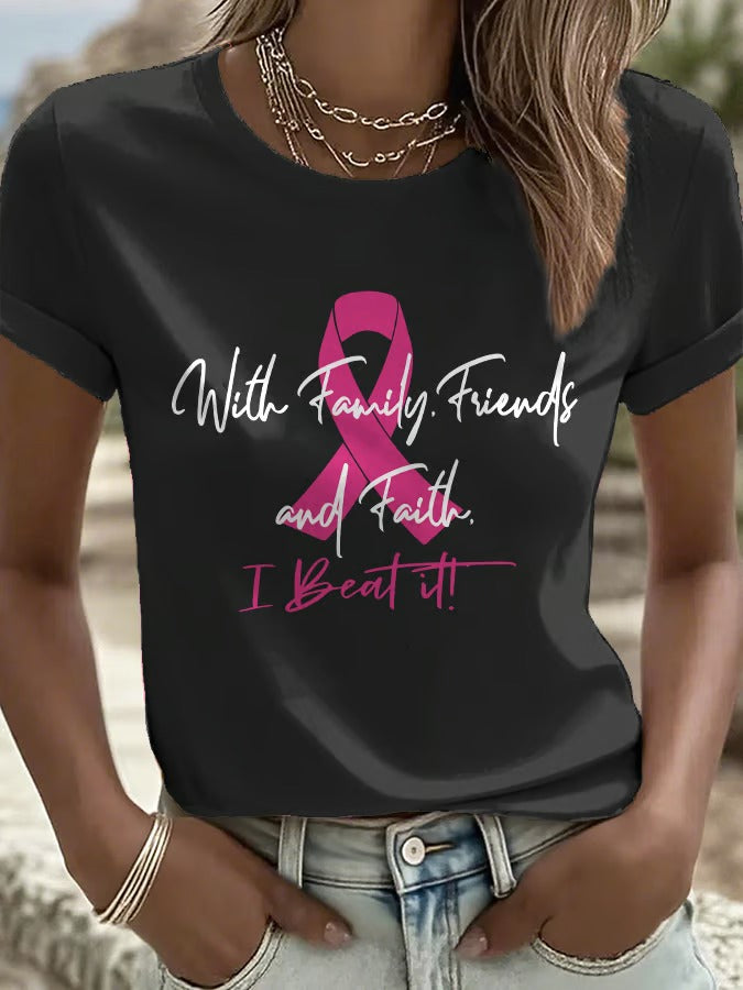 Women'S Casual Short-Sleeve Crew-Neck T-Shirt With Breast Cancer Awareness Print