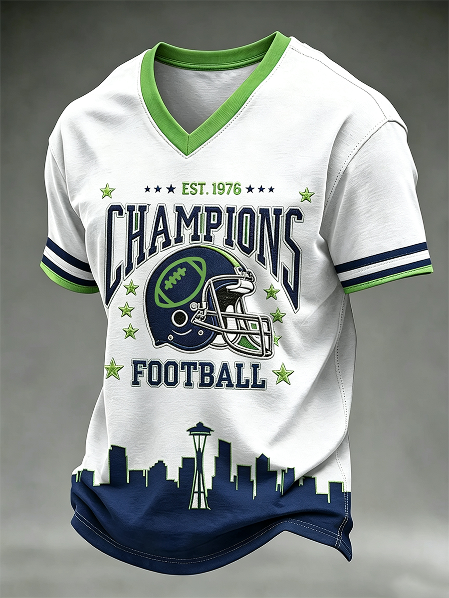 Men's Seattle Football Printed Vintage Fashion Loose Short Sleeve T-Shirt