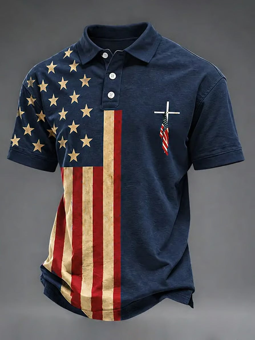 Men'S Casual Faith American Flag Printed Polo Shirt