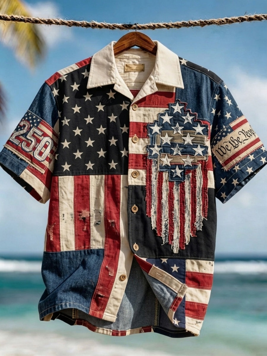 U.S. 250th Anniversary “We the People” Vintage Patchwork Print Men's Short Sleeve Shirt