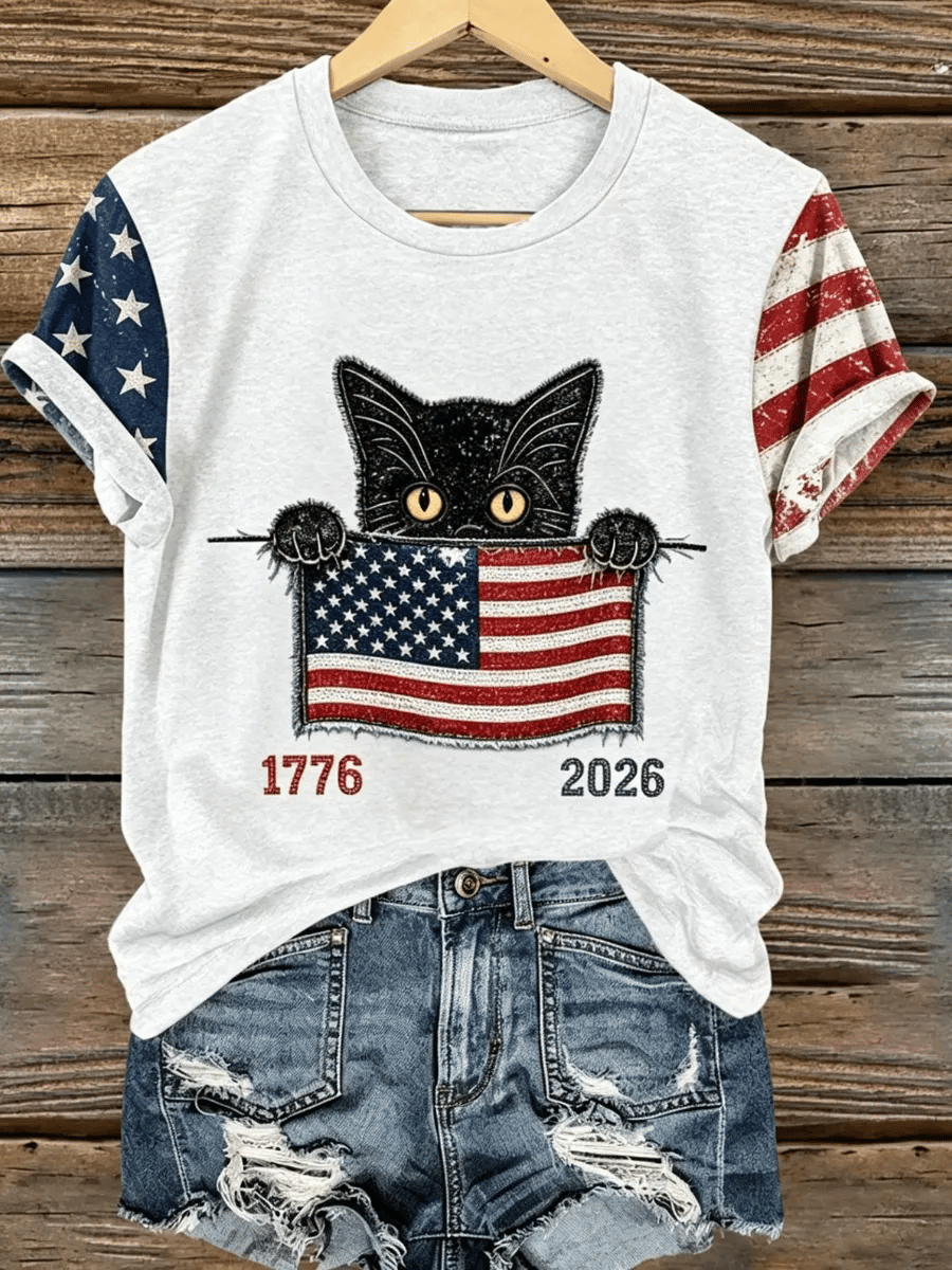 Women's American Flag Cat  Print T-Shirt