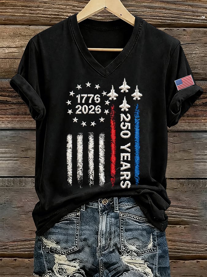 Women's 250 Years Of Freedom Print V Neck T-shirt