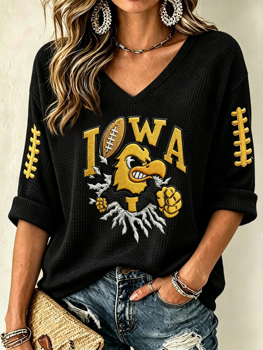 Women's Rugby Patterned Waffle V-Neck Top
