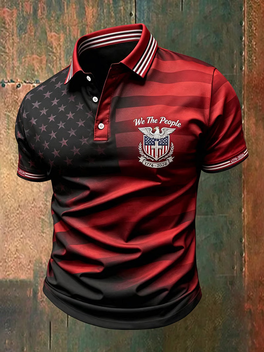 Men's We The People 1776-2026 USA Flag Print Casual Independence Day Patriotic Polo