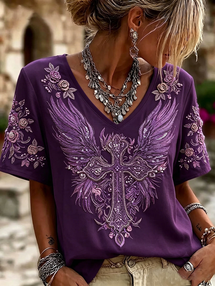 Ladies' V-Neck Cotton Linen Short Sleeved Flower Wing Cross Pattern
