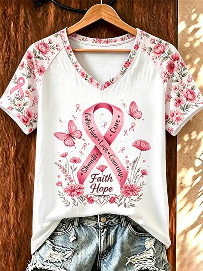 Women'S Casual Retro Breast Cancer Ribbon Print T-Shirt