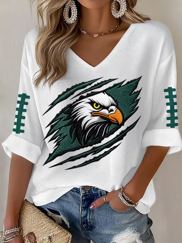 Women's Football-Print Waffle-Knit Casual T-Shirt