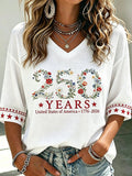 Women's 250 Years Of Freedom Flower Art Print V Neck Top