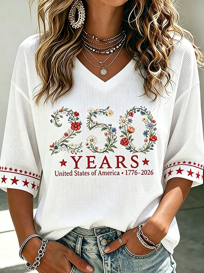 Women's 250 Years Of Freedom Flower Art Print V Neck Top