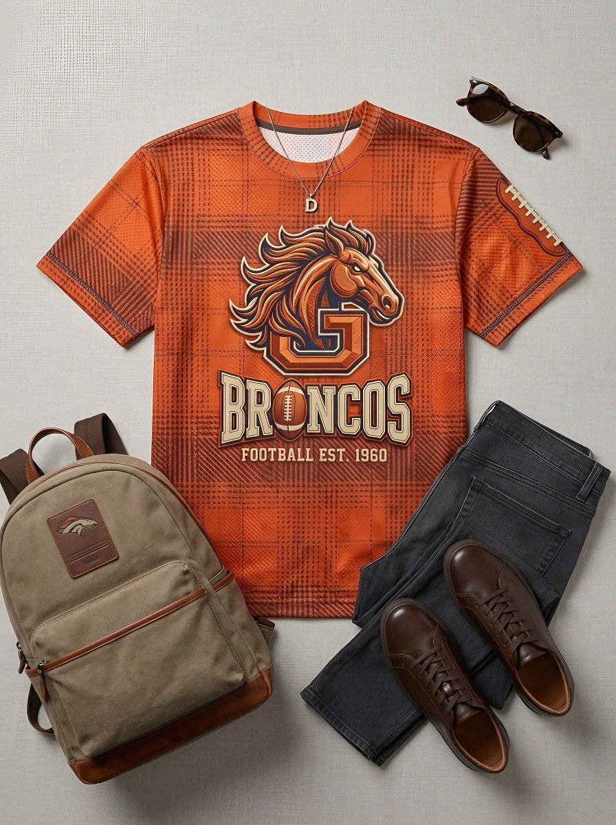 Men's Denver Broncos Football Plaid Pattern Printed T-shirt