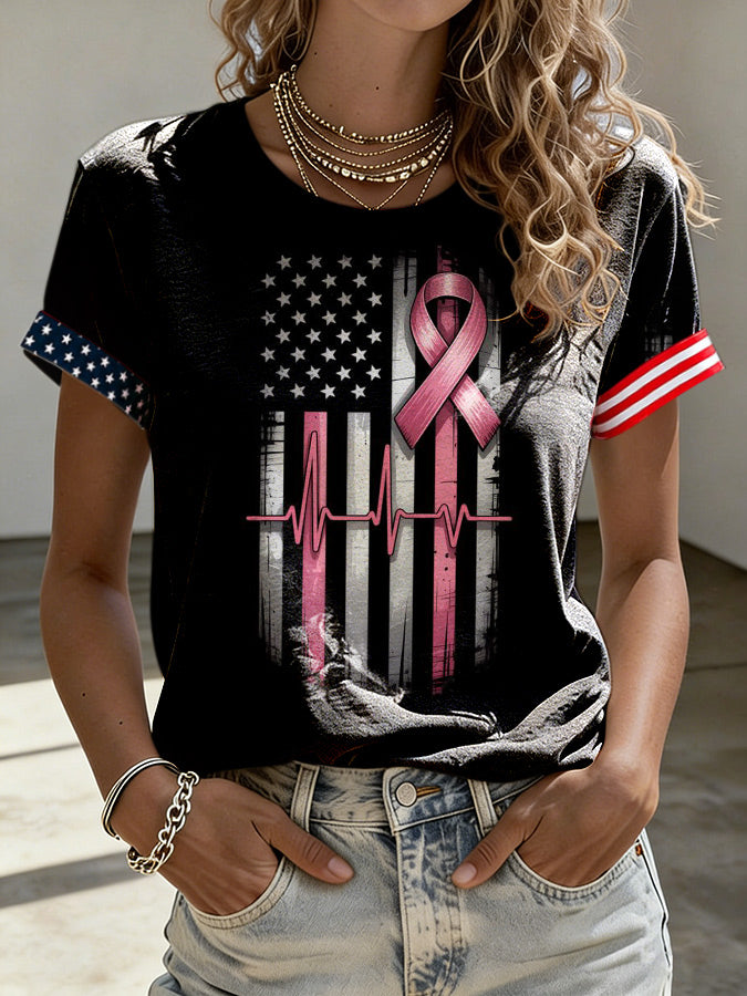 Women'S Breast Cancer Flag Print Casual T-Shirt