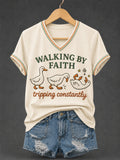 Women's Walking by Faith Tripping Constantly Goose Print Christian Inspirational V-Neck Tee