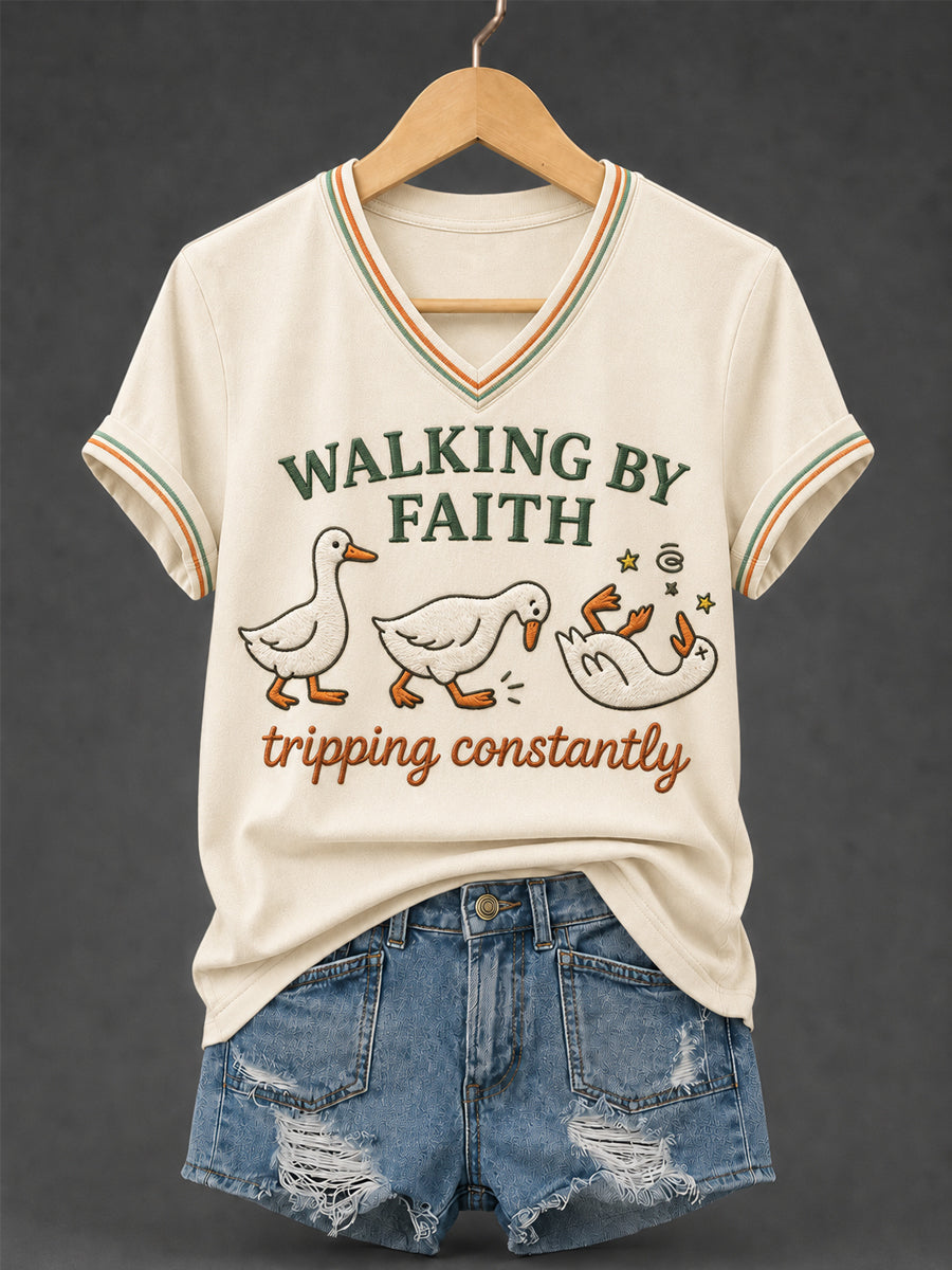 Women's Walking by Faith Tripping Constantly Goose Print Christian Inspirational V-Neck Tee