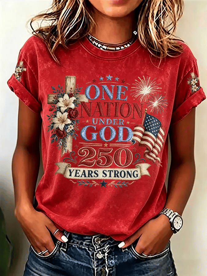 Women's One Nation Under God 250 Years Strong Print Casual T-shirt