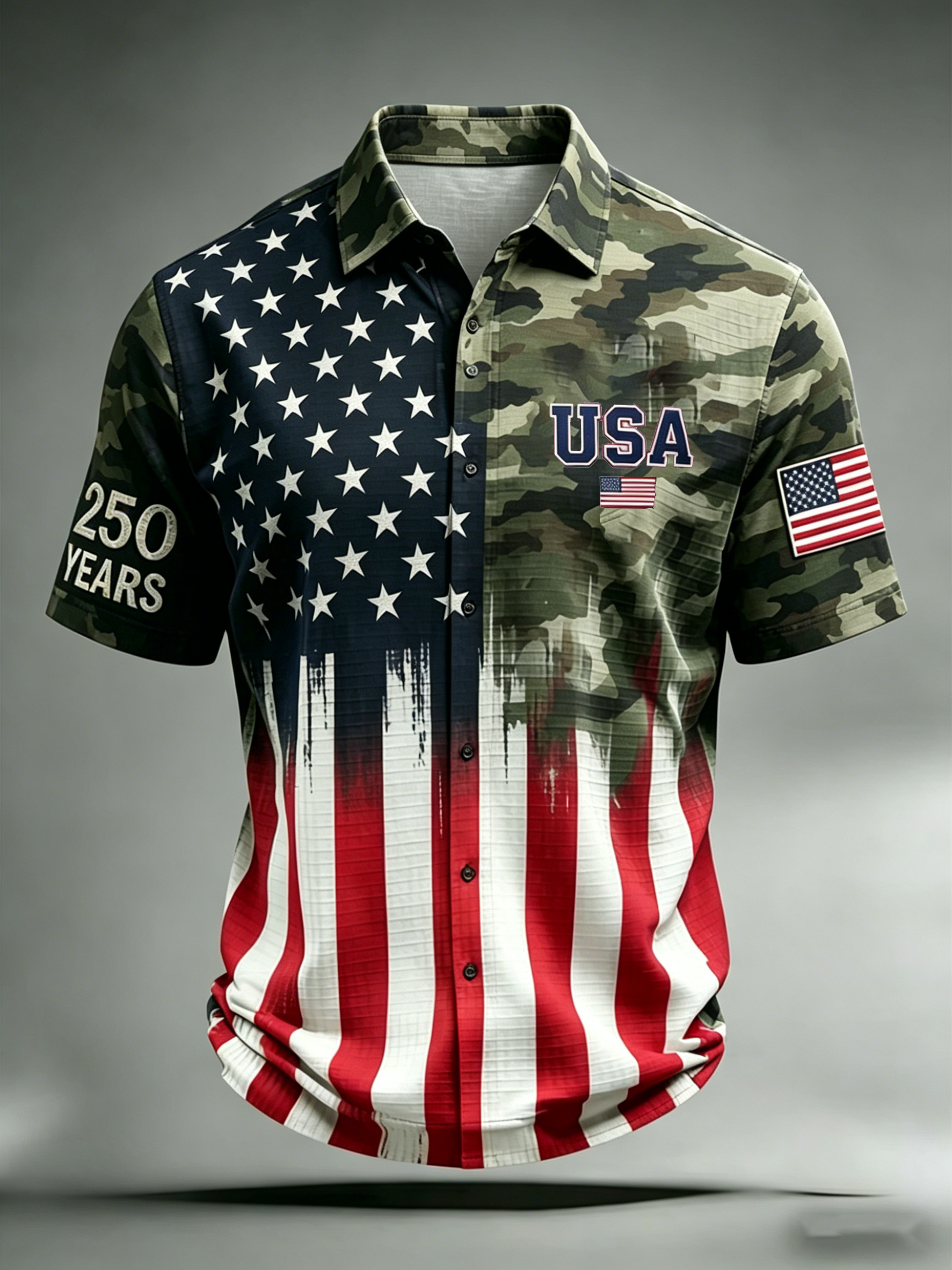 Men'S Casual 250Th Anniversary Commemorative Flag Personalized Printed Lapel Shirt