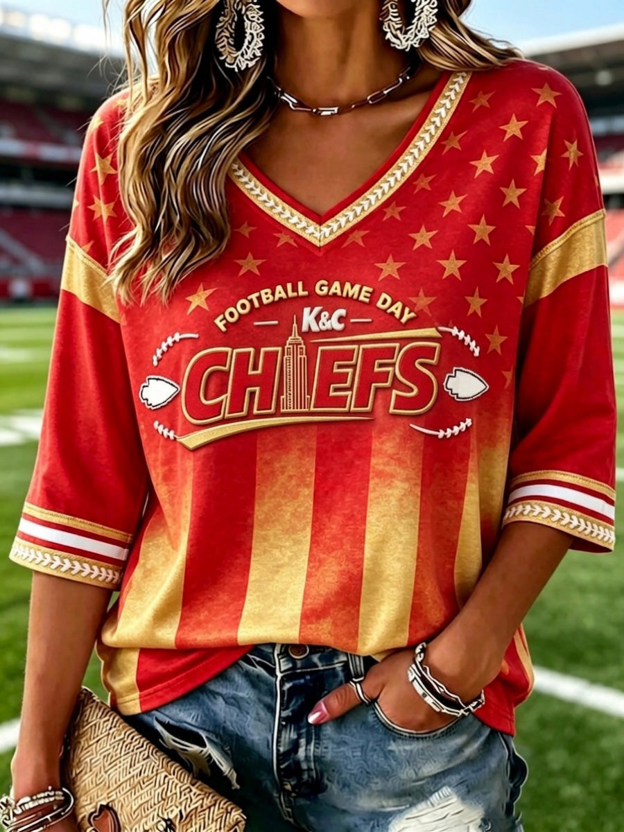 Women's Football Game Print V Neck Top