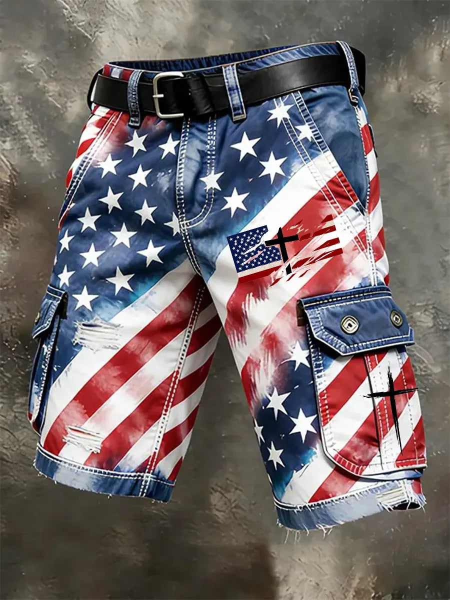 Men'S Casual American 250Th Anniversary Flag Printed Workwear Pocket Shorts