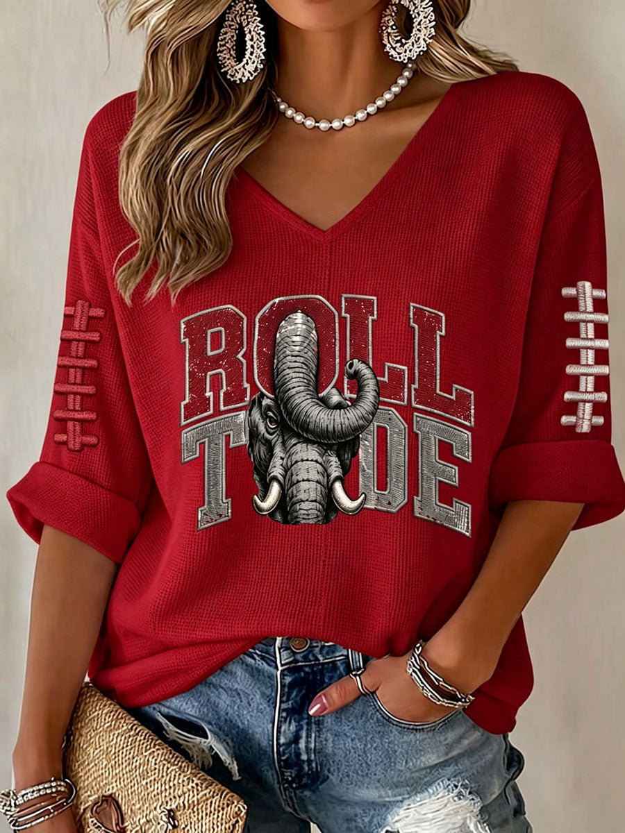 Women'S Rugby Patterned Waffle V-Neck Top