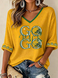 Women'S Football Print Waffle V-Neck Top