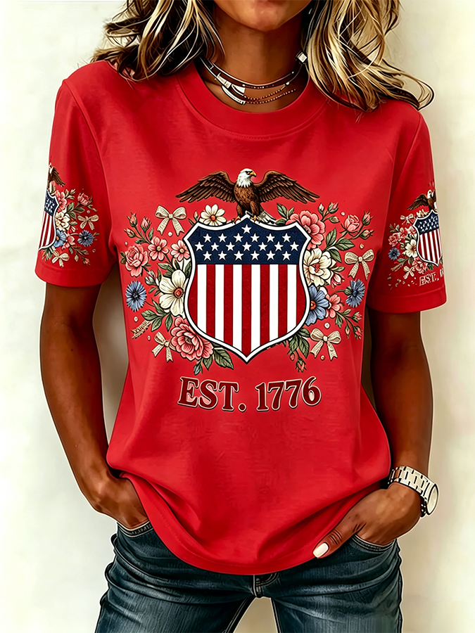 Ladies' Casual 250Th Anniversary Celebration Of The Founding Of The United States, Personalized Floral Print Round Neck T-Shirt