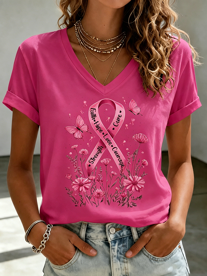 Women'S Breast Cancer Awareness  Printed Casual T-Shirt