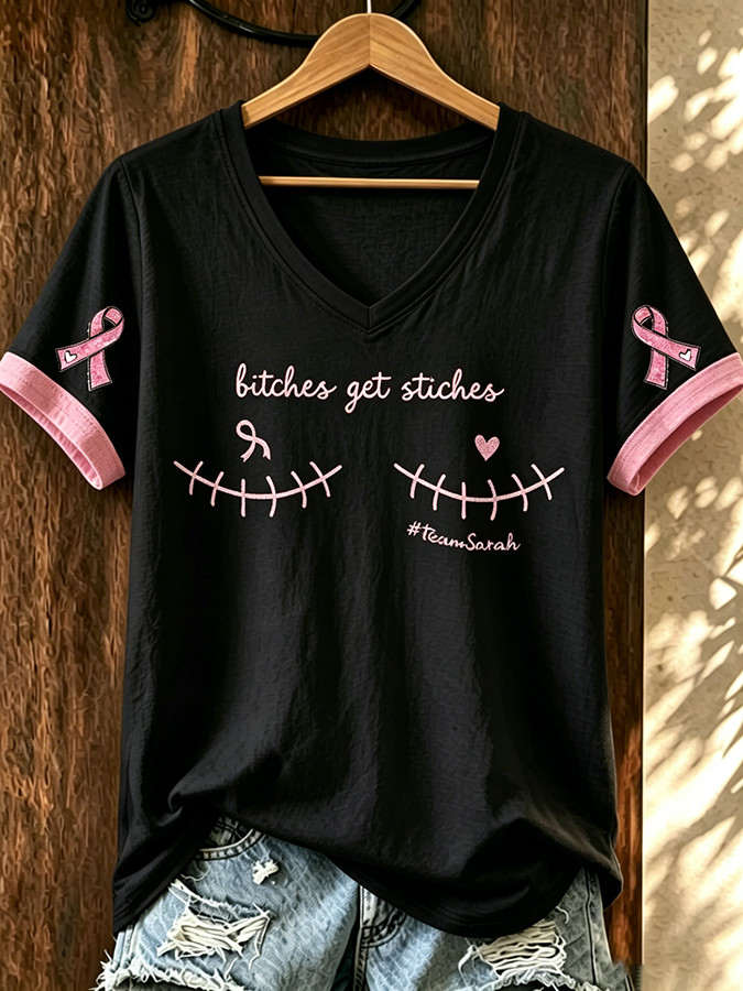 Women'S American Flag Pink Ribbon Embroidered Casual T-Shirt