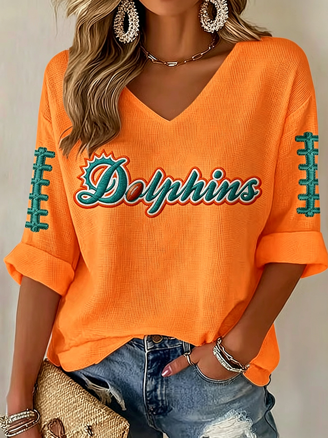 Women'S Rugby Patterned Waffle V-Neck Top