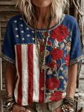 Women's Independence Day Flag Floral Print Linen Blend Casual Short-sleeve T-shirt