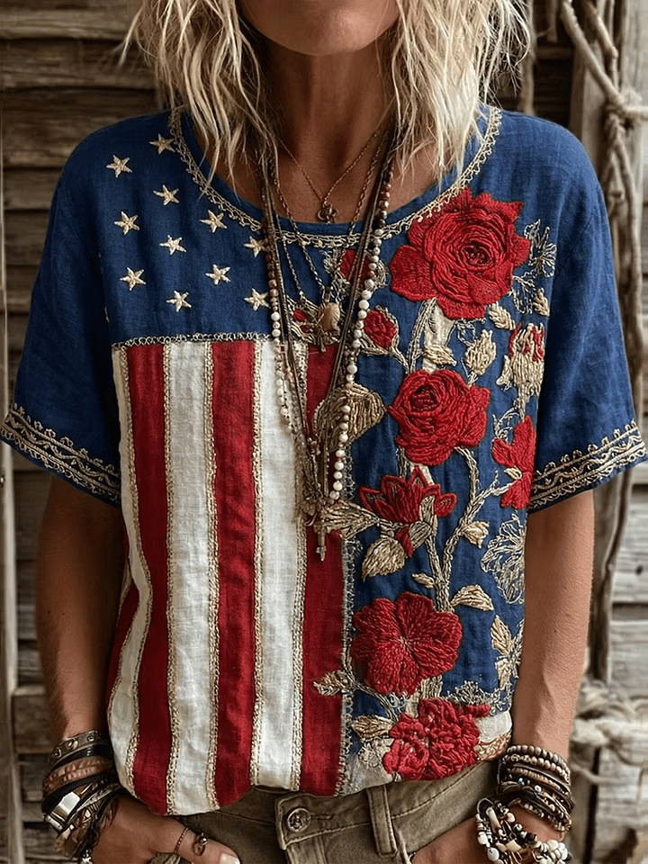 Women's Independence Day Flag Floral Print Linen Blend Casual Short-sleeve T-shirt
