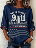 Women's "Never Forget 9/11" Pattern Comfortable Round Neck Retro Cotton Linen Top