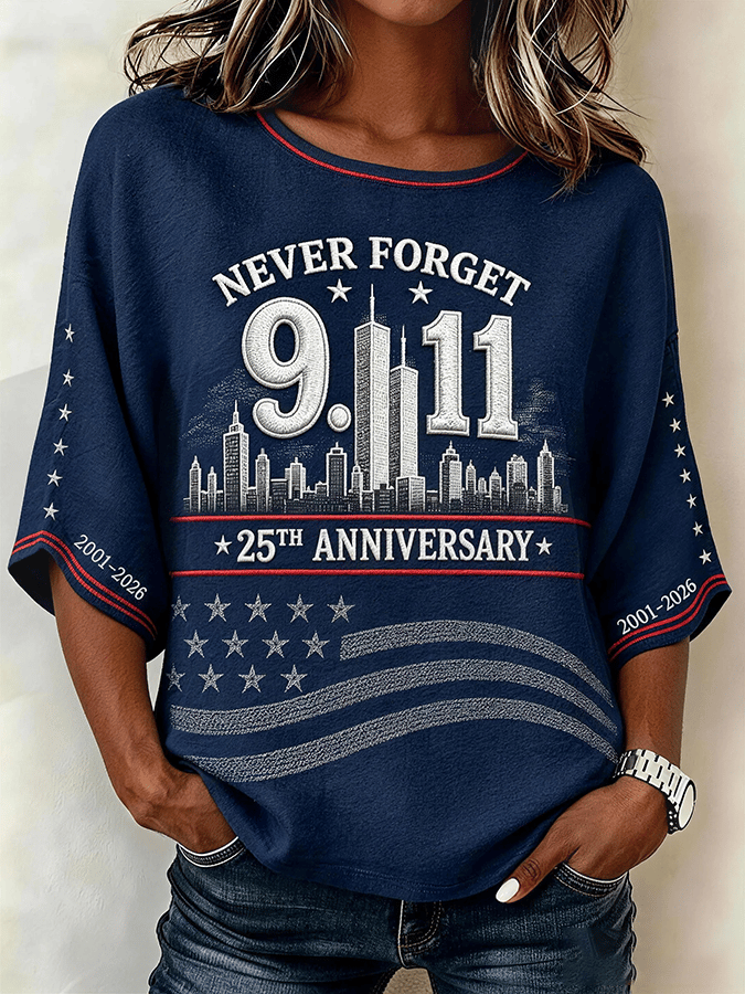Women's "Never Forget 9/11" Pattern Comfortable Round Neck Retro Cotton Linen Top