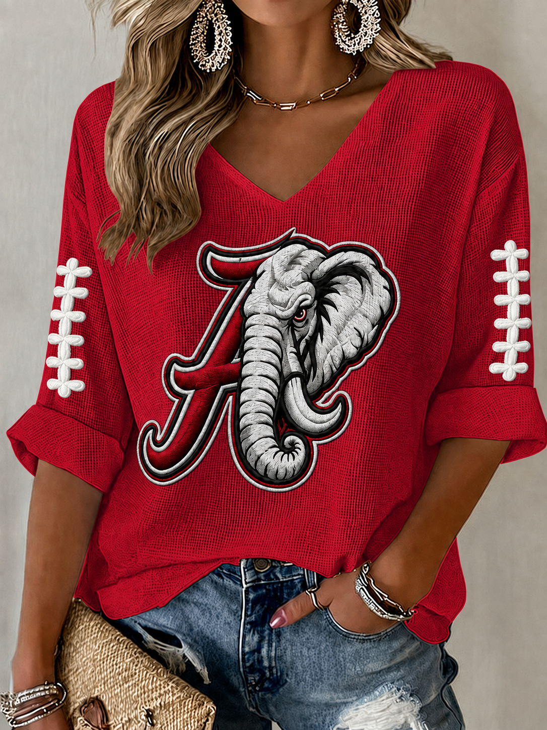 Women'S Football Printed  Waffle V-Neck Top