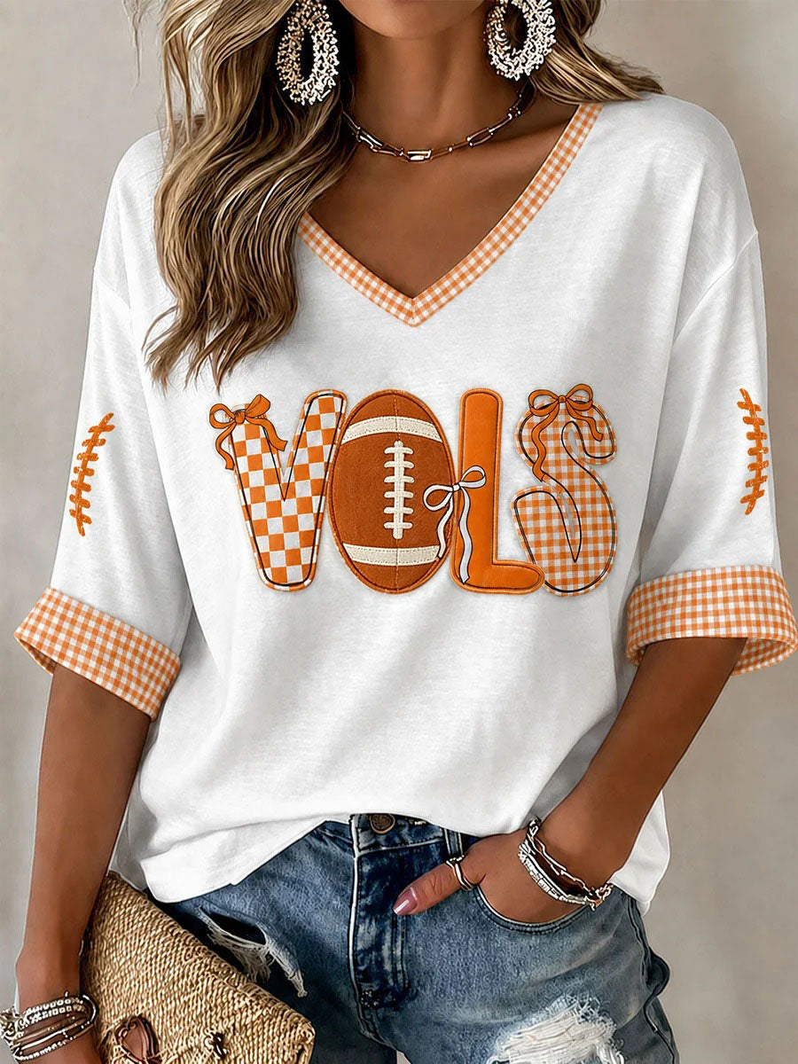 Women'S Football Print Waffle V-Neck Top