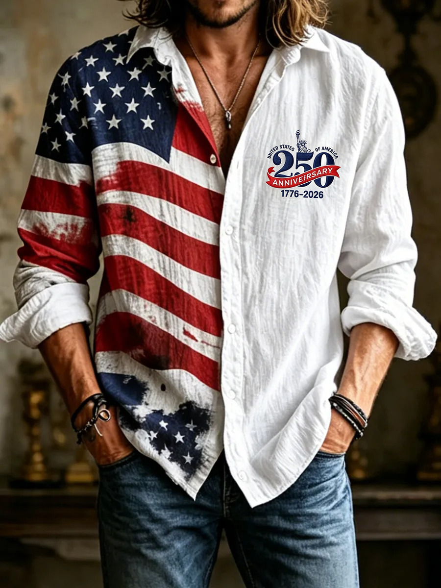 Men's Independence Day American Flag Print Casual Patriotic Long Sleeved Shirt