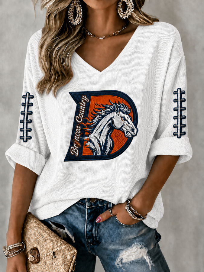 Women'S Rugby Patterned Waffle V-Neck Top