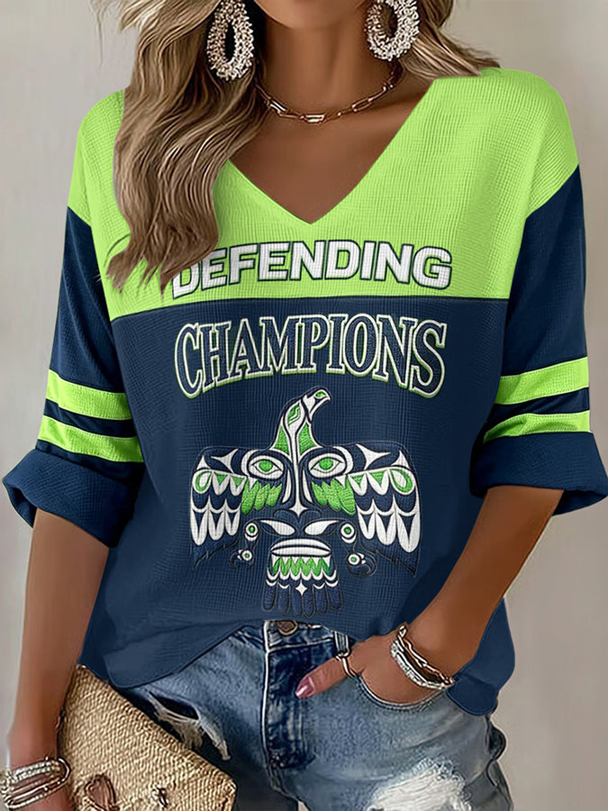 Women'S Seattle Football Vintage Fashion Printed Waffle T-Shirt