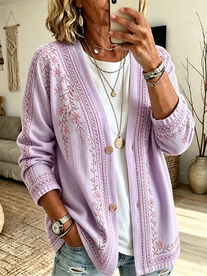 Women'S Casual Plant Flower Embroidered Cardigan Top