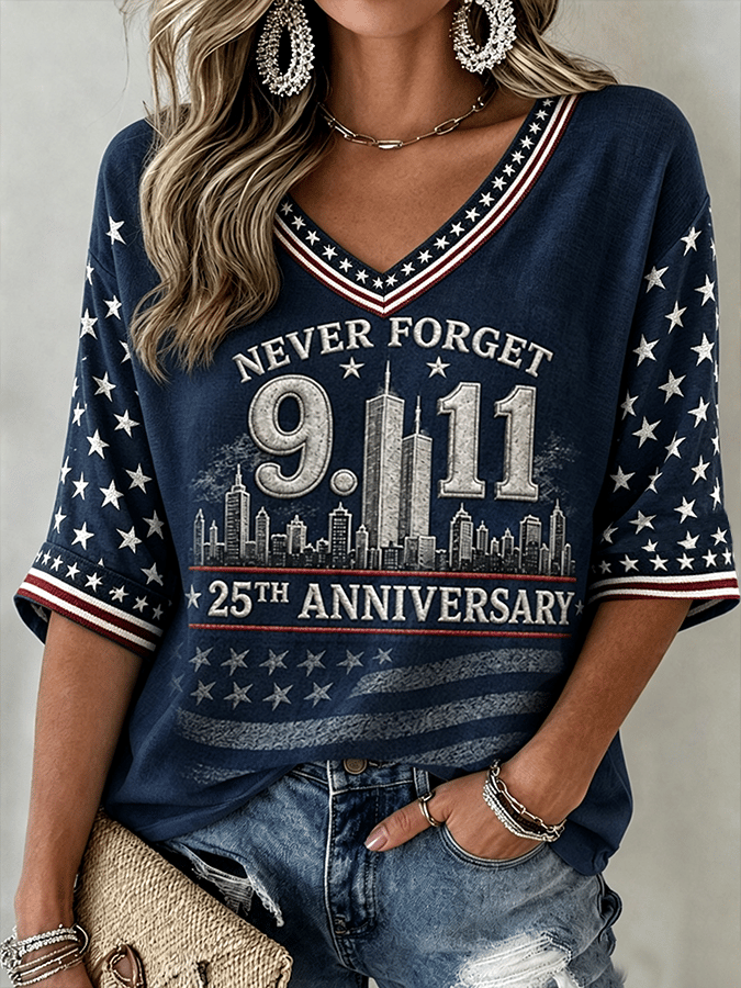 Women's 9.11 Never Forget Print V Neck T-shirt