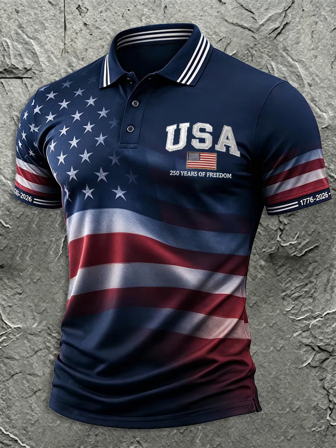Men'S American Flag Print Casual Polo Shirt