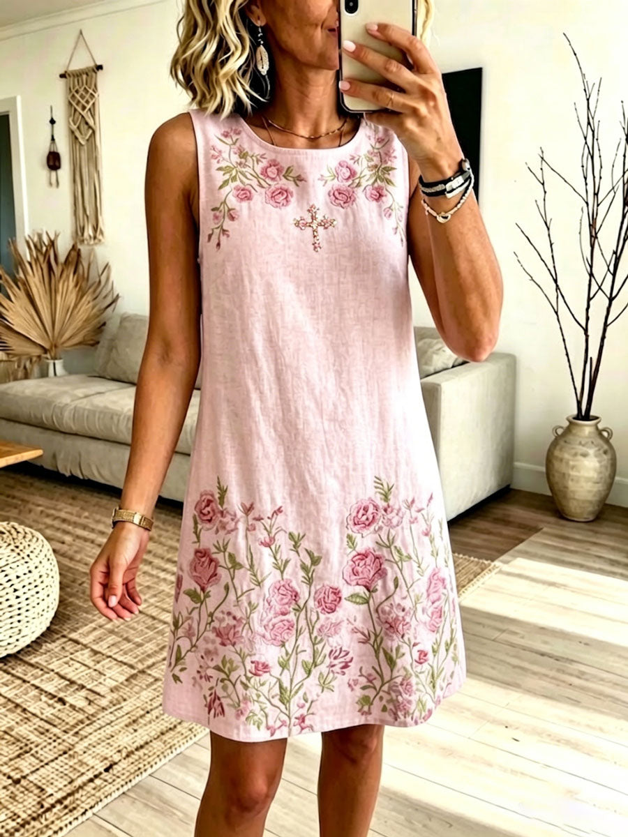 Women'S Cotton And Linen Faith Casual Floral Dress