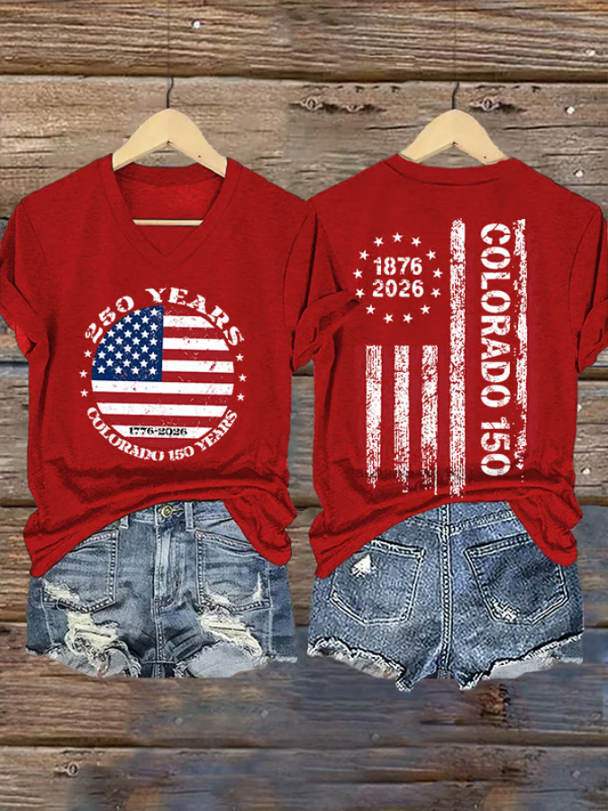 V-Neck Retro Colorado 150 Years USA 250 Print T-Shirt