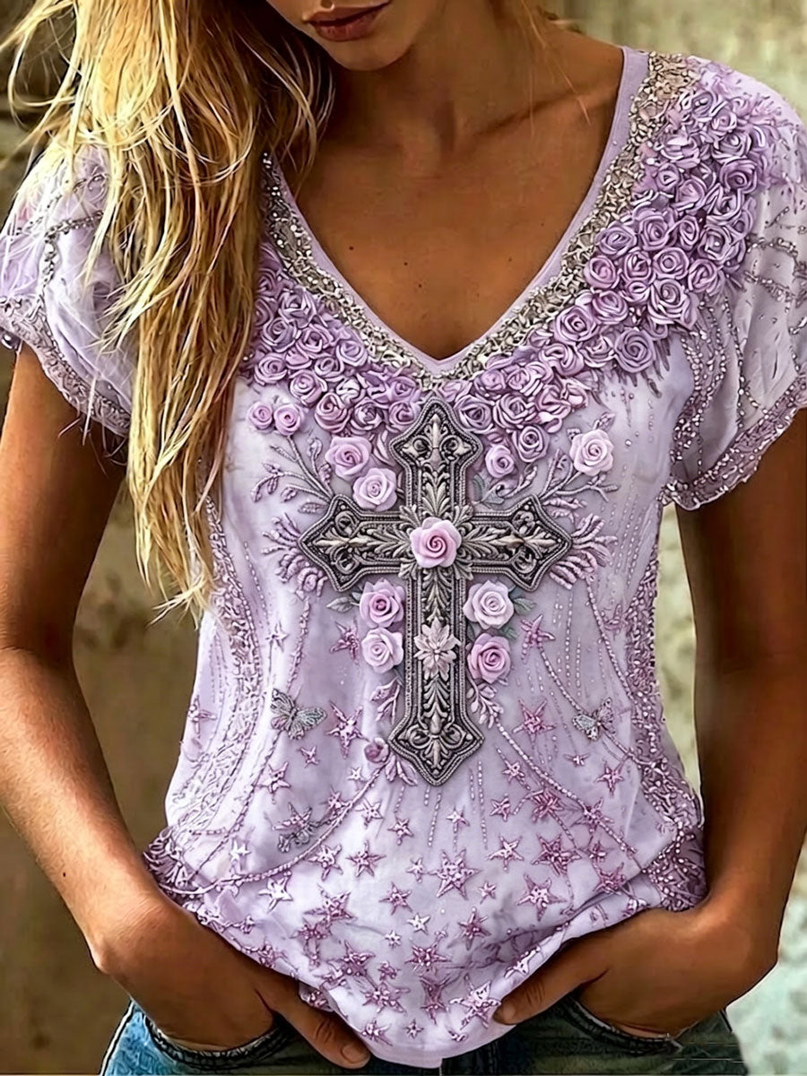 Women's Vintage Cotton-Linen Top with Cross Pattern