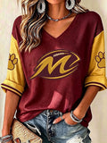 Women'S Football Print Waffle V-Neck Top