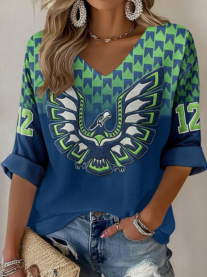 Women'S Seattle Football Vintage Fashion Printed Waffle T-Shirt