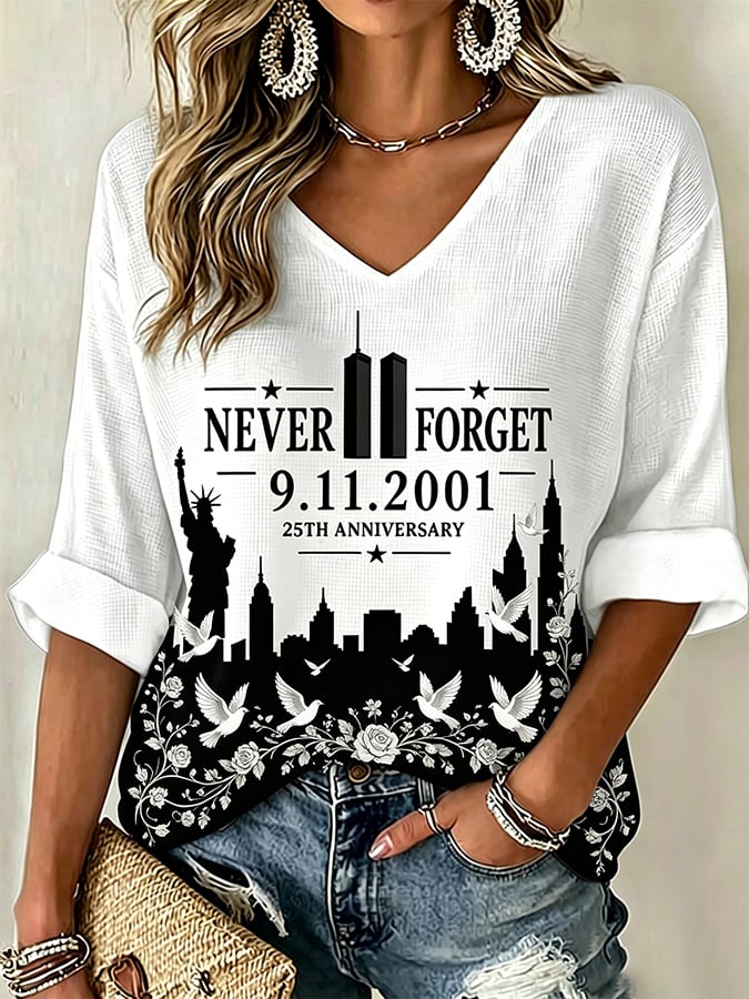 Women's "Never Forget 9/11" Pattern Comfortable V-Neck Retro T-Shirt