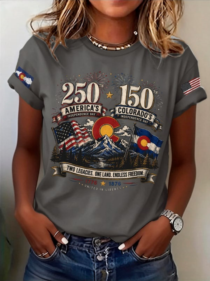 Retro 250Th America'S Independence Day 150Th Colorado'S Independence Day Two Legacies. One Land. Endless Freedom. 1776 1876 United In Liberty Print T-Shirt