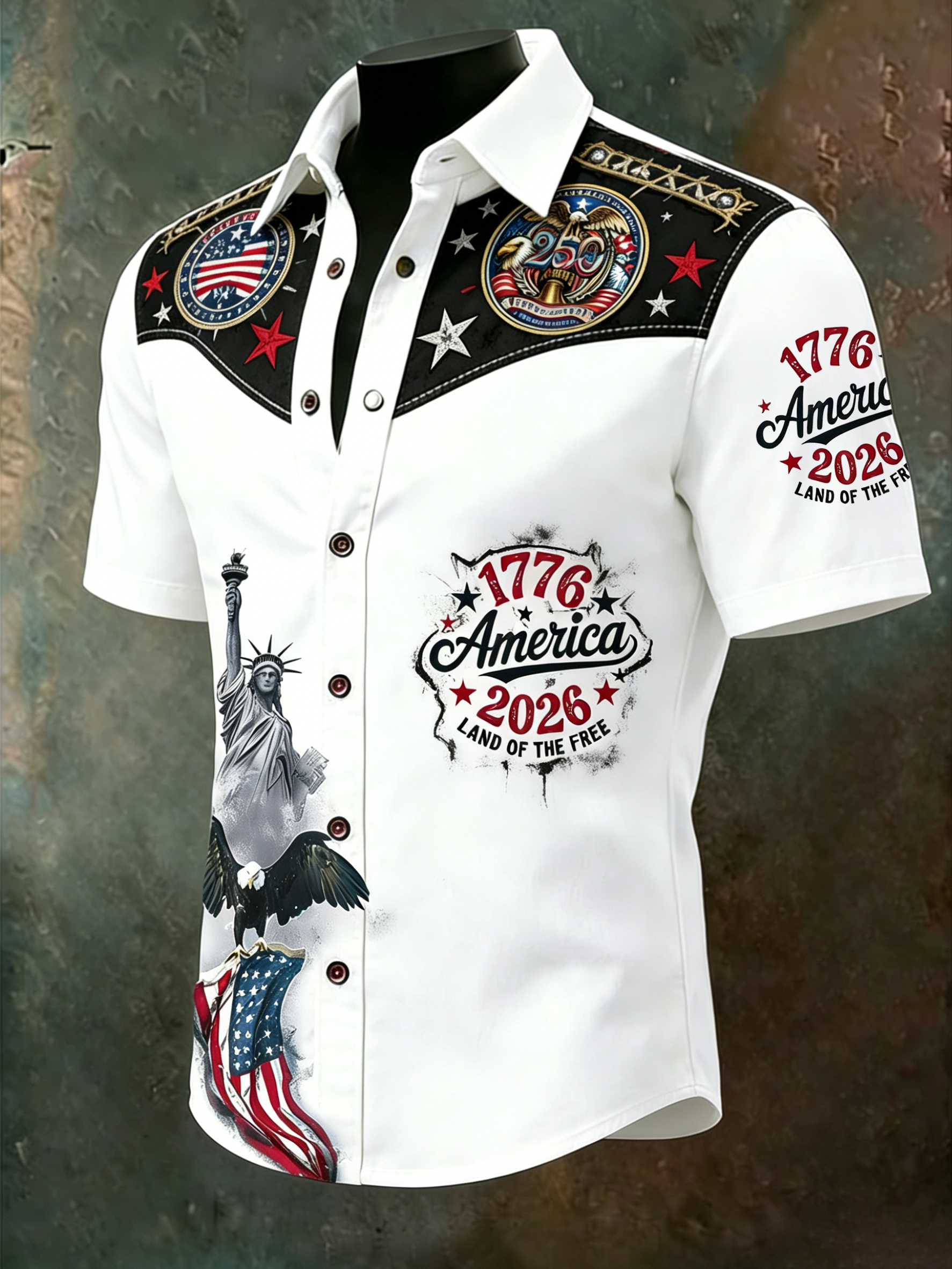 Men'S Casual American 250Th Anniversary Personalized Printed Shoulder Patchwork Lapel Shirt