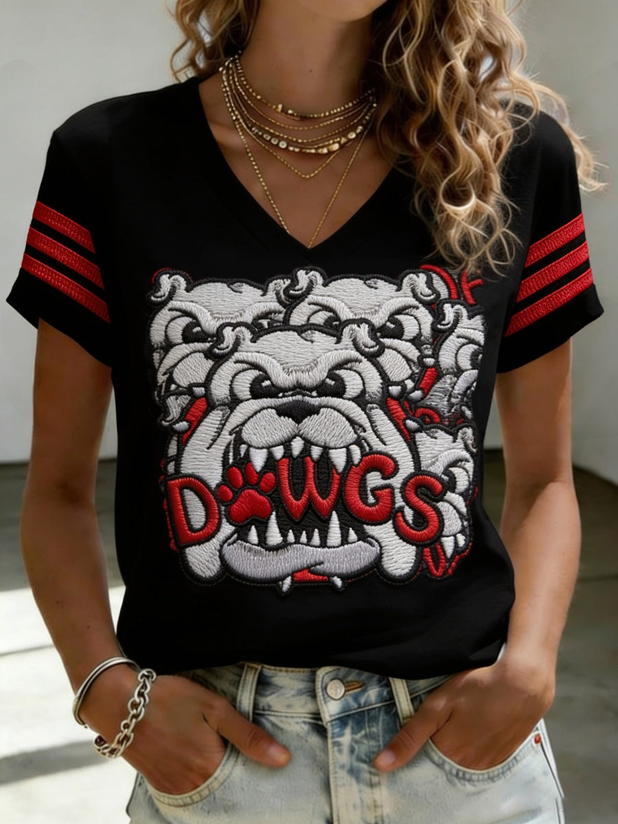 Women's Bulldogs Football Print V-Neck T-Shirt